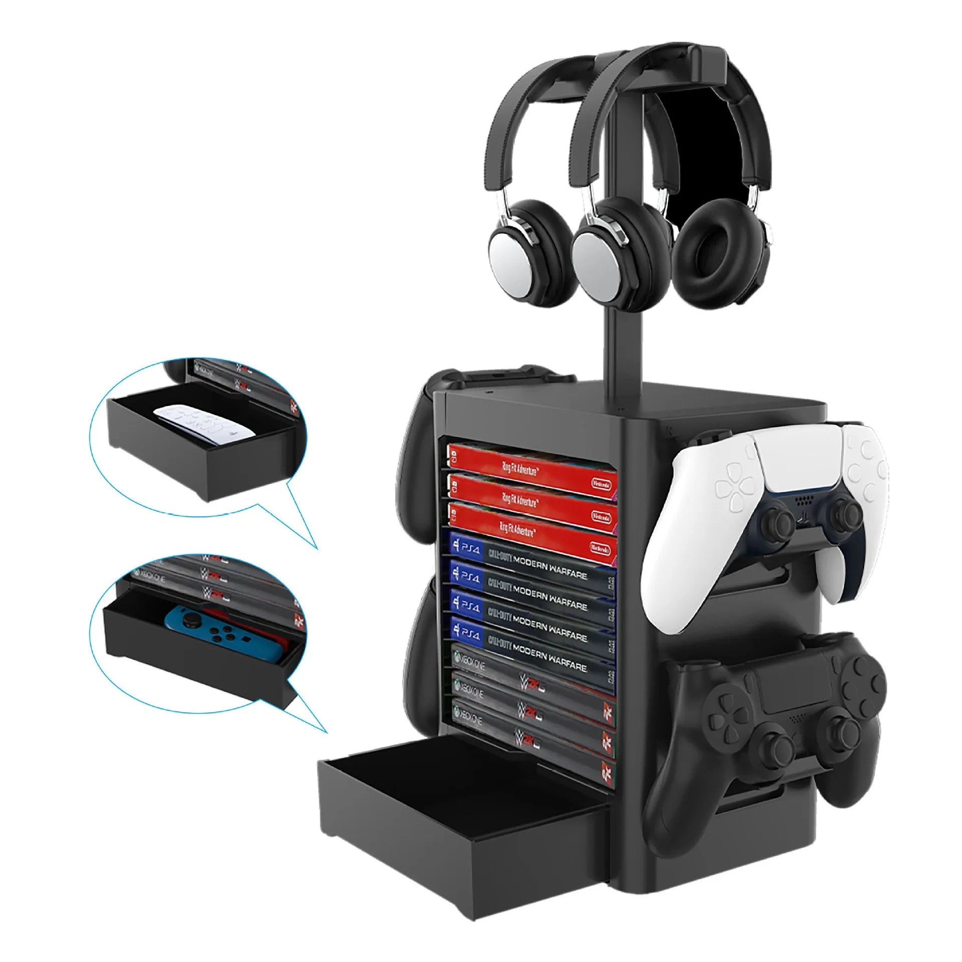 Black gaming console CD storage rack with headphone top, side controller hooks, and bottom accessory drawer