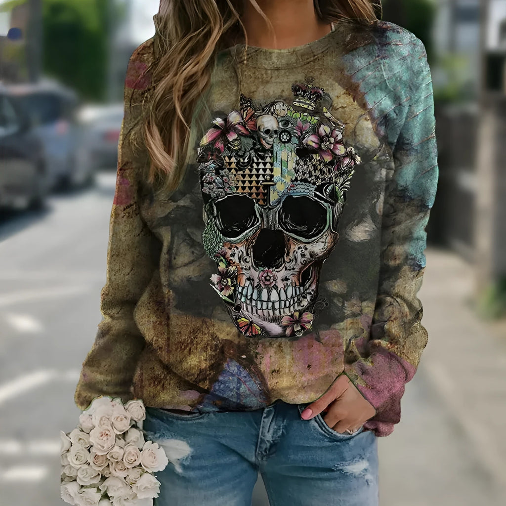 Black long sleeve sweatshirt with a detailed skull print design on the sleeves.