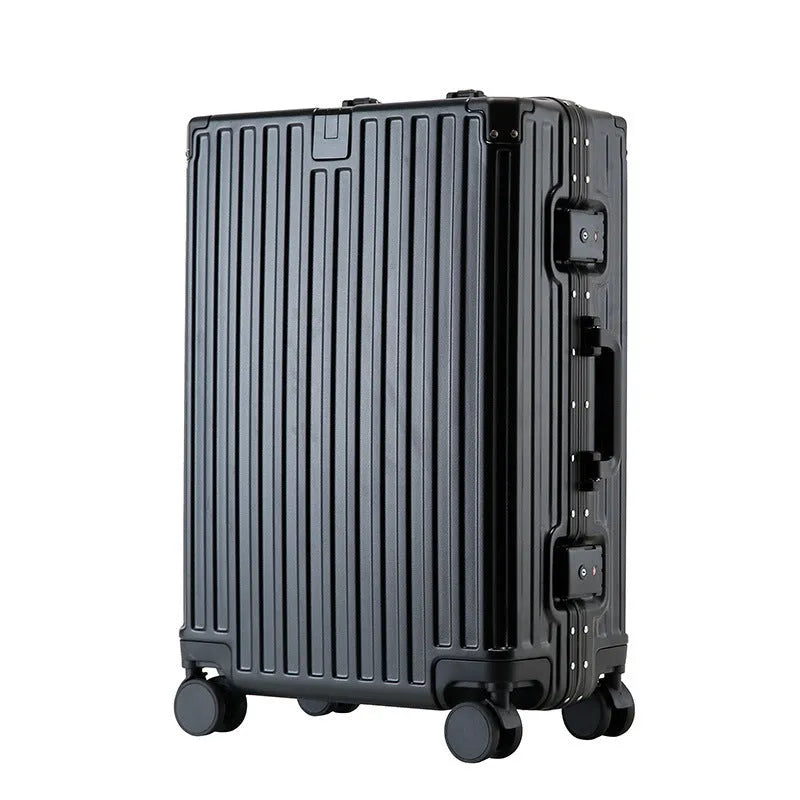Aluminium frame trolley suitcase with USB port and universal wheels in avocado green colour.