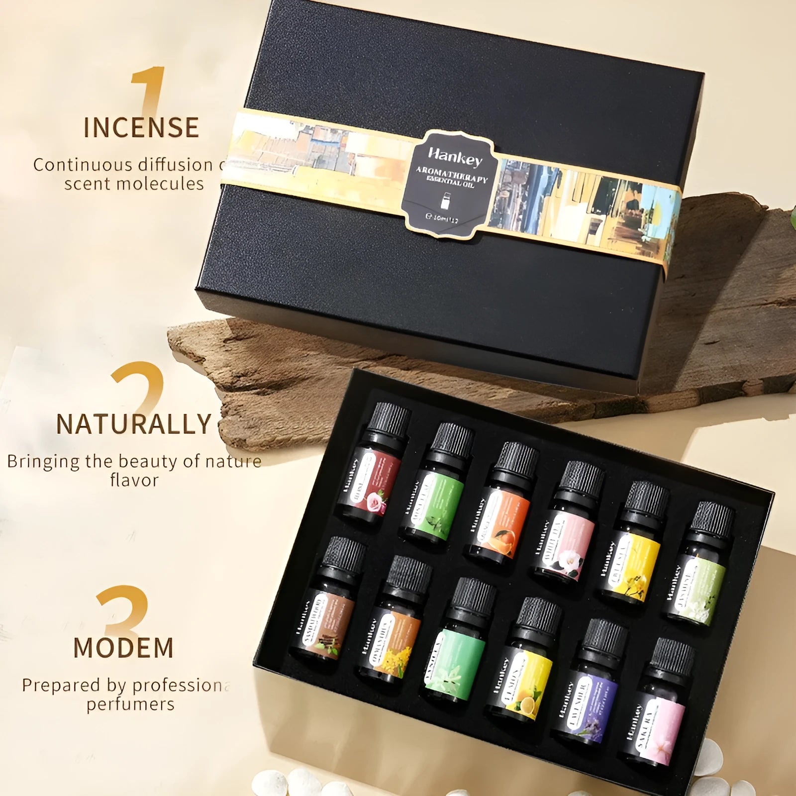 Water-soluble aromatherapy essential oil set in presentation box with multiple bottles