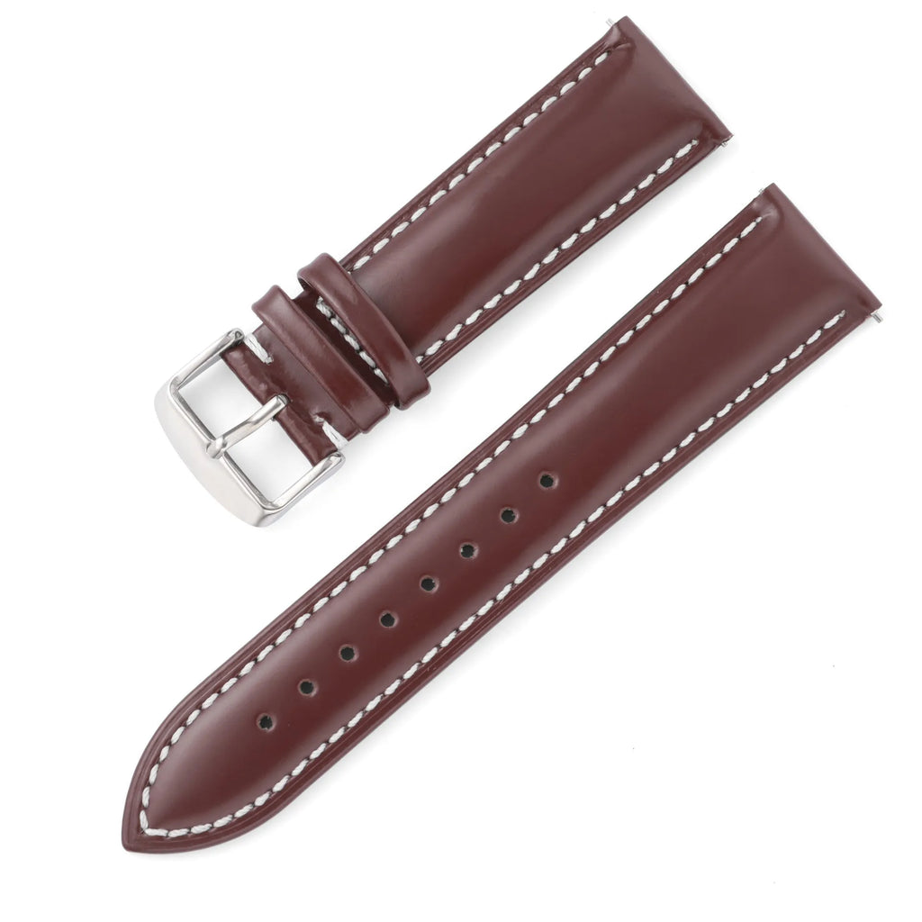 Quick release watch strap in bright cowhide leather showing colour options and width measurements