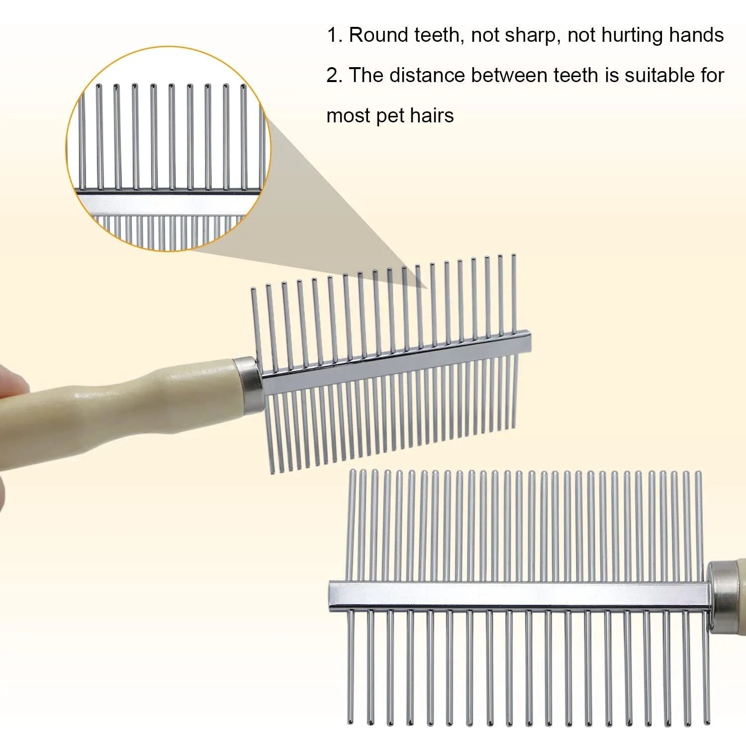Wooden handle pet grooming comb for dogs and cats in single, double, and high-low tee designs.