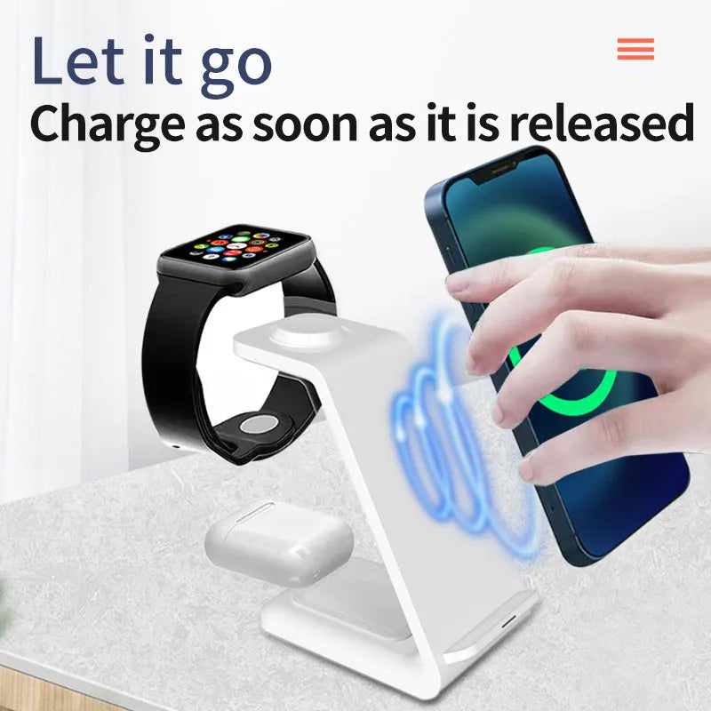 White 3-in-1 upright wireless charging phone holder stand with dual coil charging surface