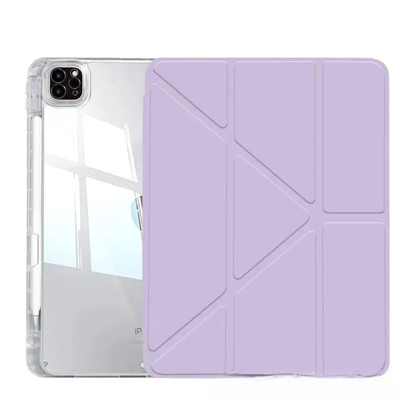 Transparent acrylic iPad screen cover with a fold-out stand, shown in pink on a tablet.