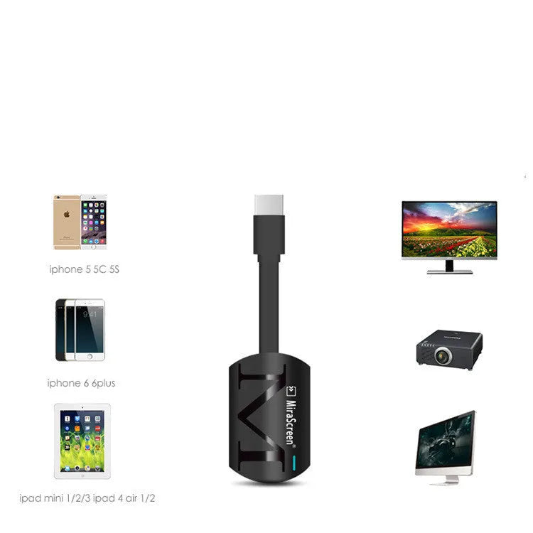Black HD TV USB dongle device measuring 52mm by 26mm with HDMI output for 1920x1080 screen mirroring.