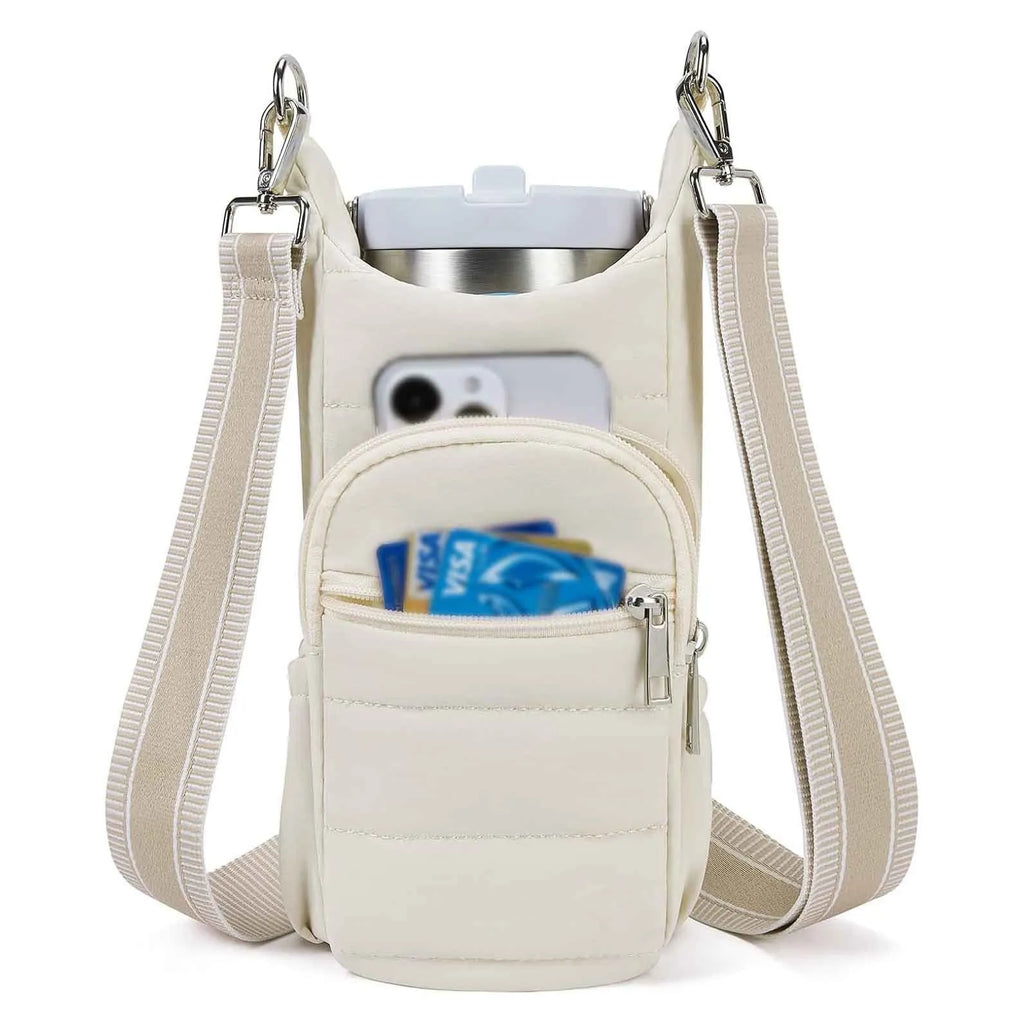 Cloth water bottle bag mounted on bicycle handlebars in beige colour