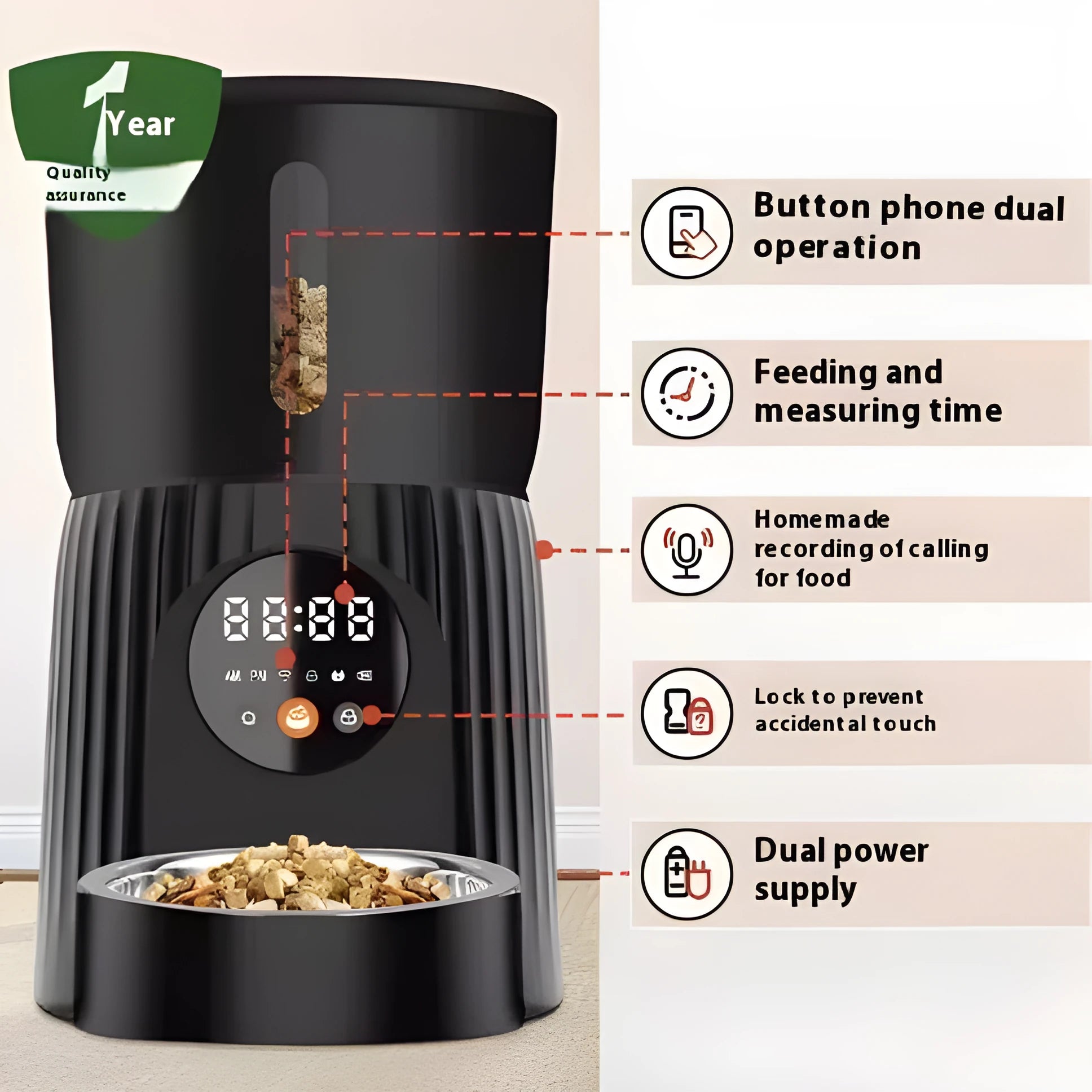 Black automatic pet feeder with digital display and food hopper for scheduled feeding
