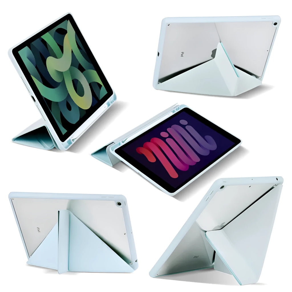 iPad foldable stand case in imitation leather with Y-fold design and Apple Pencil slot.