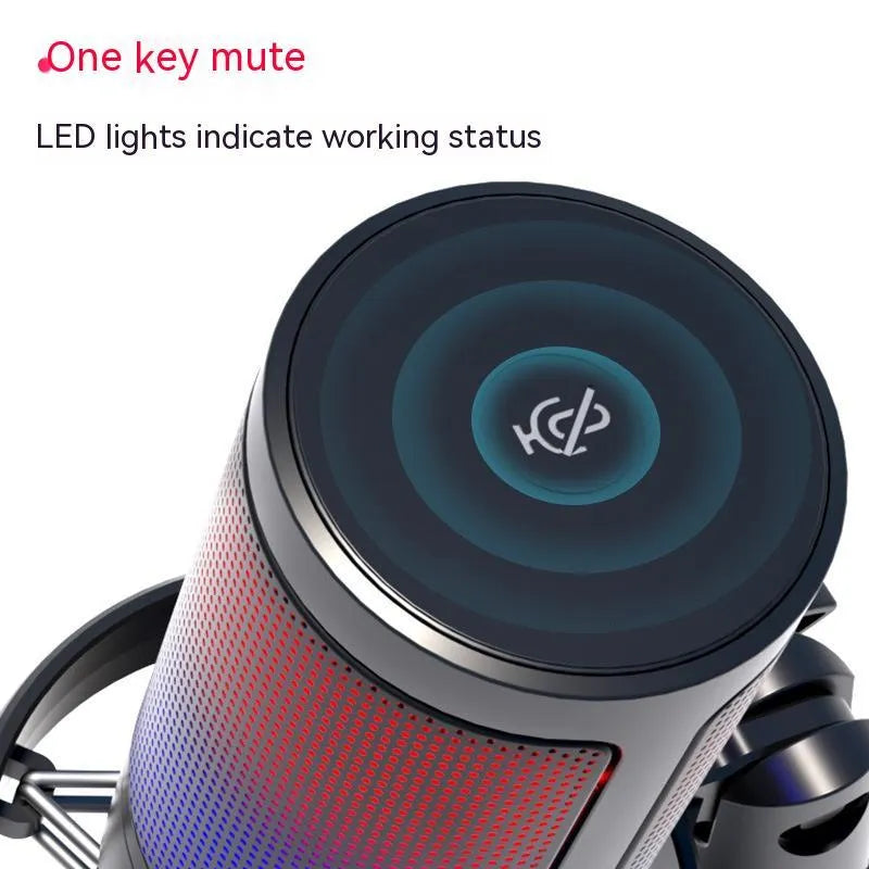 Condenser microphone with RGB lights in black, pink, or white colours for USB computer recording.