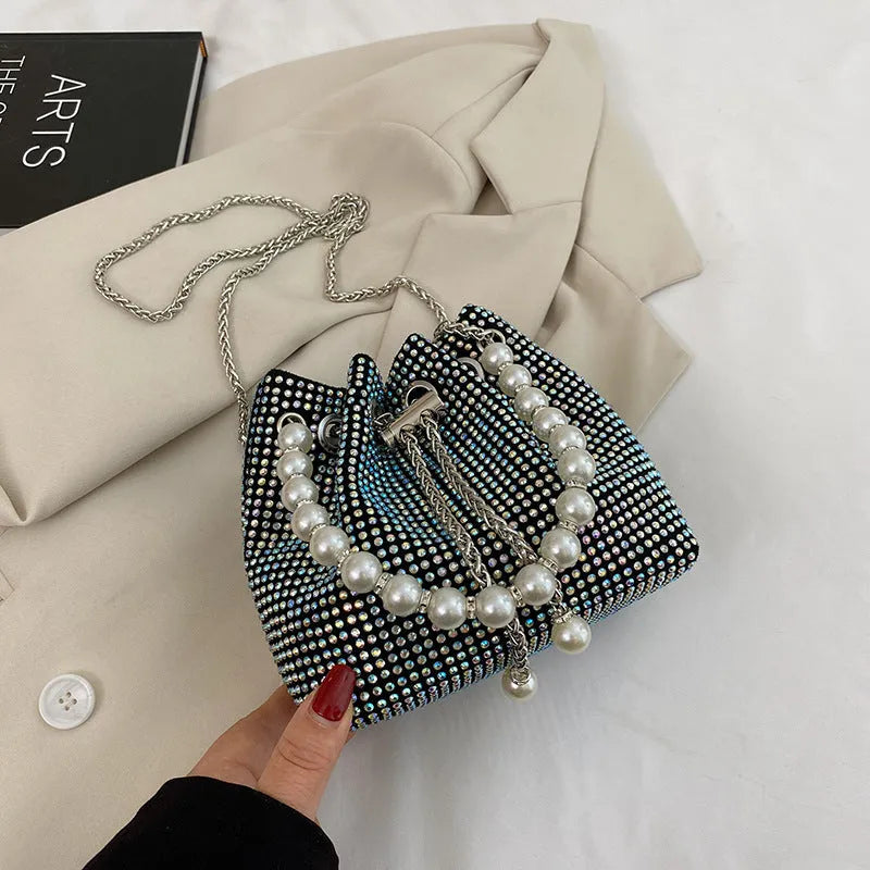 Diamond detailed PU leather crossbody bag with chain strap in bucket shape design