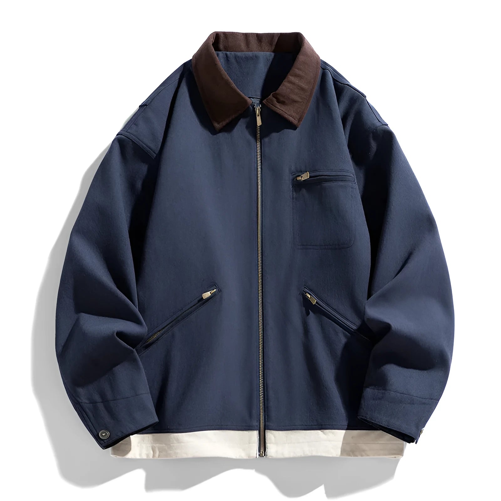 Men's loose fit retro work jacket with contrasting lapels in polyester fabric