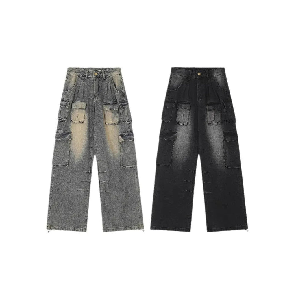 Loose-fit light blue distressed denim jeans with multiple tooling pockets on a straight-leg cut