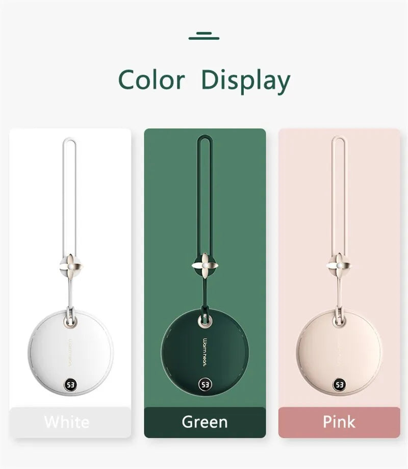 Green, pink or white portable power bank with digital display and integrated hand warmer function