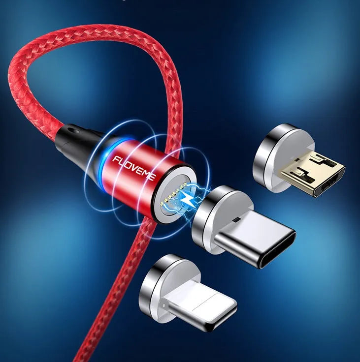 Black magnetic USB fast-charging cable with LED light, compatible with Apple iPhone and Android phones