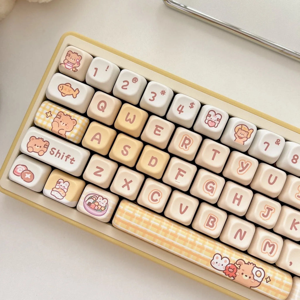 Rabbit Bear Restaurant themed PBT plastic keycap set showing detailed coloured artwork on 140 EOA height keycaps.