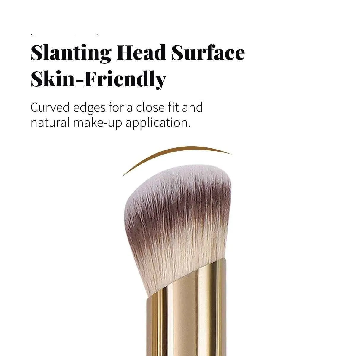 Five apricot coloured makeup brushes with angled blush brush design on white background