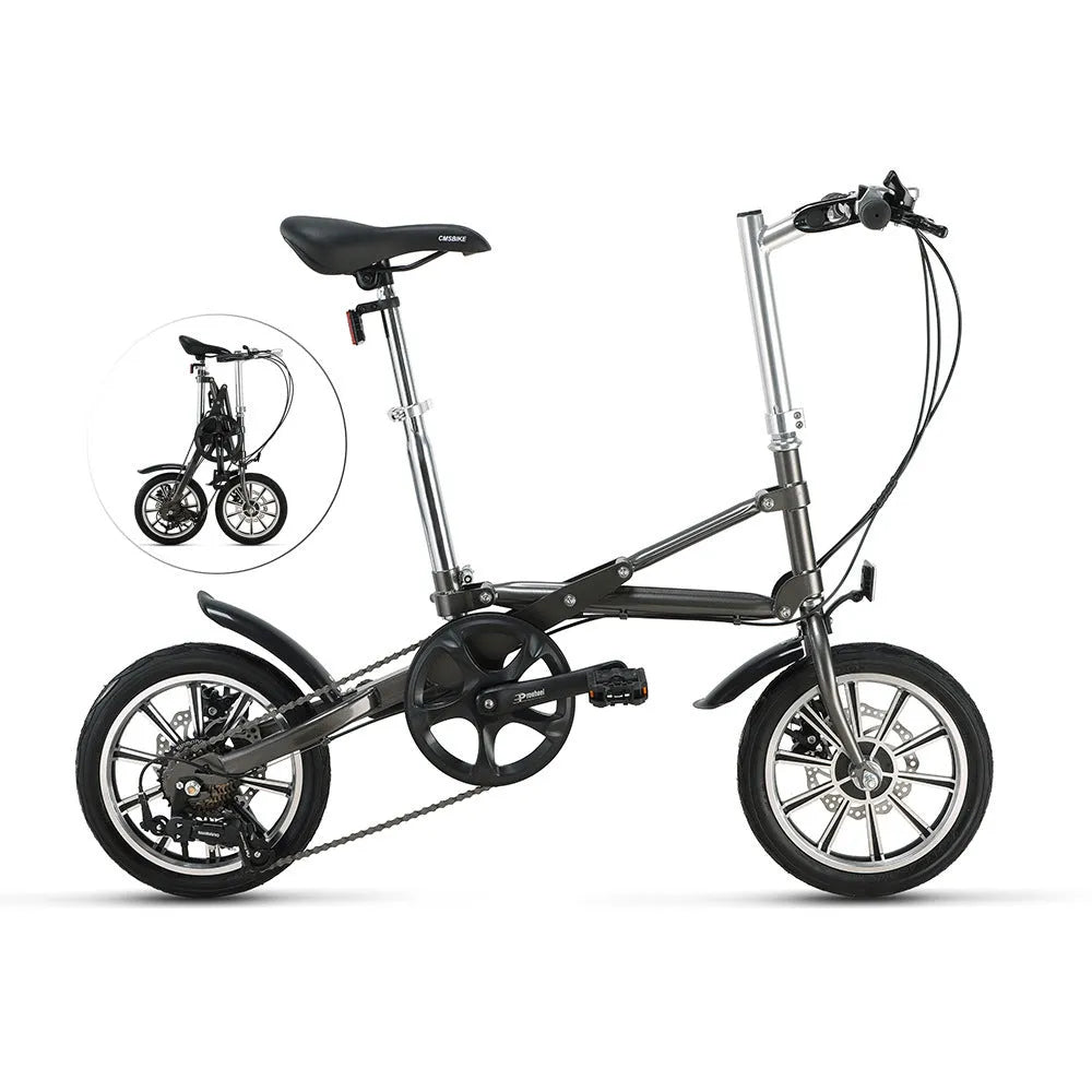 Matte black 14-inch one-second folding bicycle with dual disc brakes and carbon steel frame