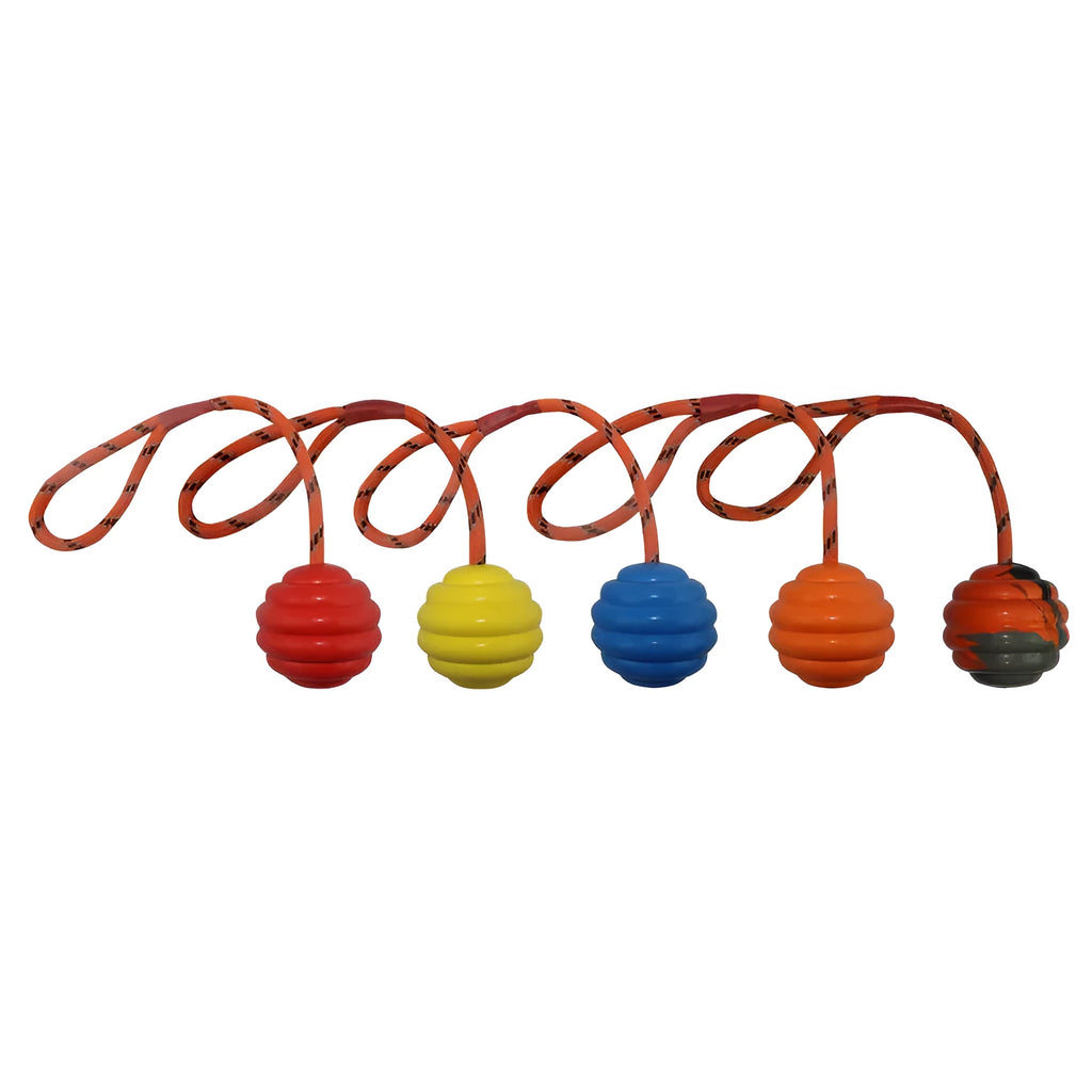 Multi-coloured rubber dog chew ball with rope knots measuring 6x30cm