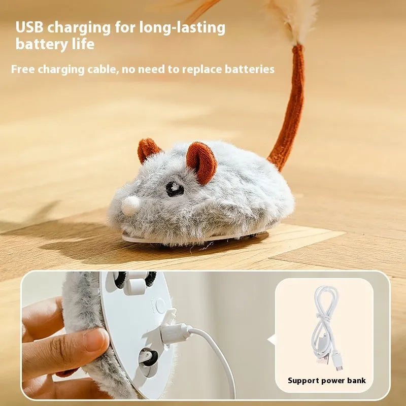 Electric cat toy with moving plush mouse on adjustable pole in pink, dark grey, or purple colours