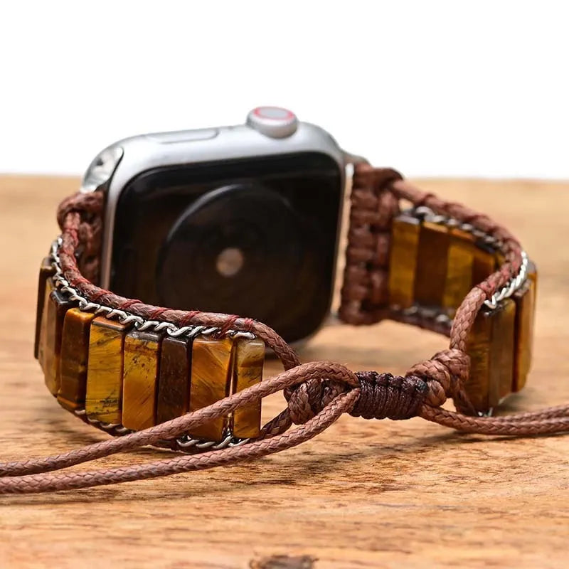 Men's rectangular tiger eye stone pattern textile watch strap with adjustable chain.