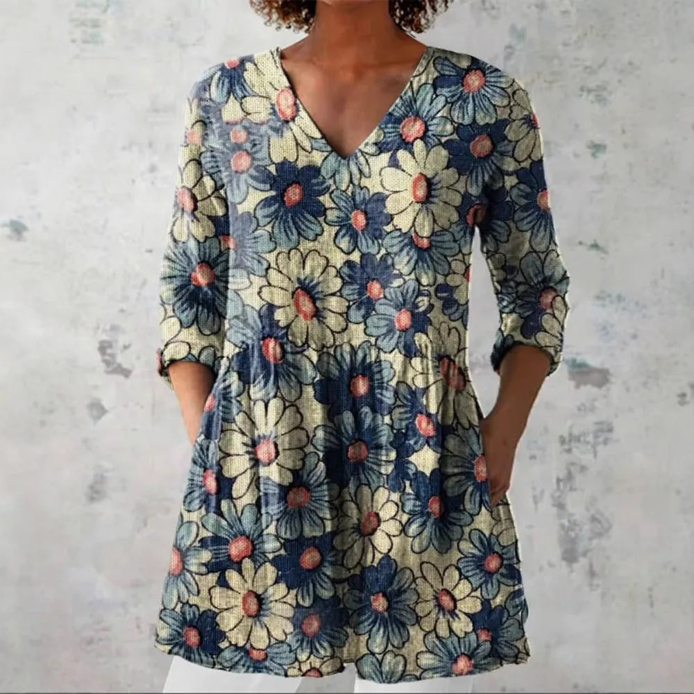 Women's slim fit retro style printed long-sleeved polyester top in multiple colour options