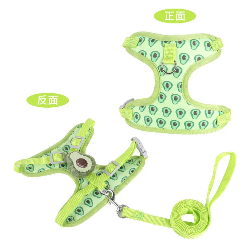 Reflective chest strap vest harness and rope leash set for a small dog, shown in avocado green colour.