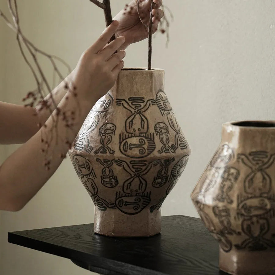 Hand-painted ceramic cylindrical vase with tribal totem floral patterns