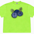 Loose fit blueberry fruit patchwork print short sleeve T-shirt on a hanger
