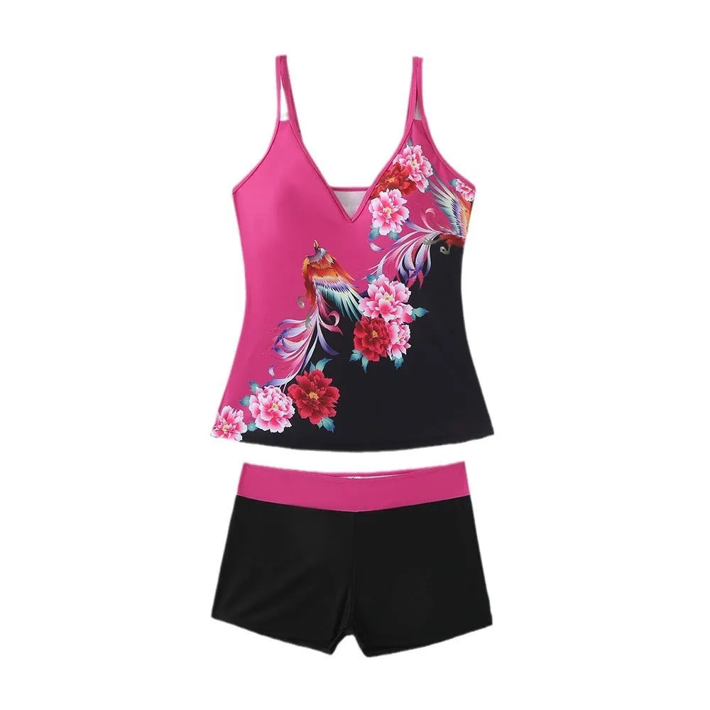 Women's plus size printed swimsuit suit in black or rose red with briefs-style design