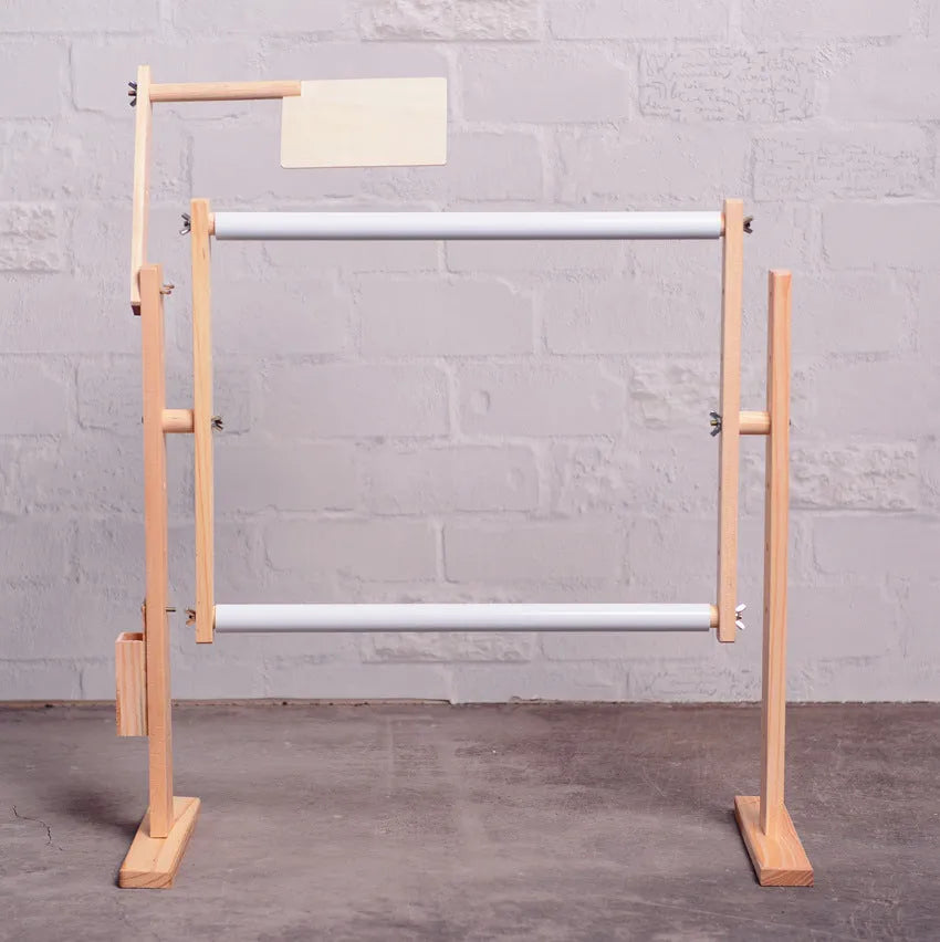 Vertical desktop solid wood cross stitch frame with adjustable height mechanism in natural pine finish