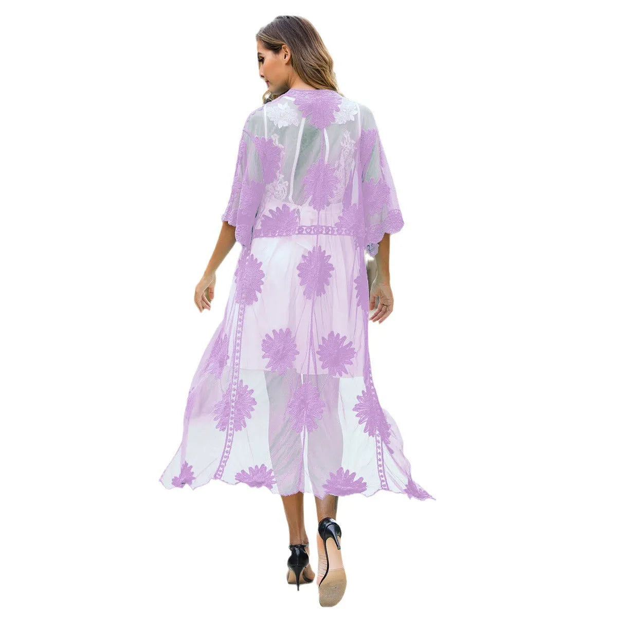 Light purple women's beach dress cardigan with lace embroidery detail.