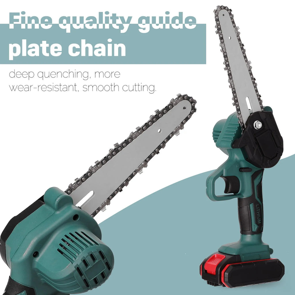 Black and green mini electric chainsaw with 4-inch bar held in one hand.