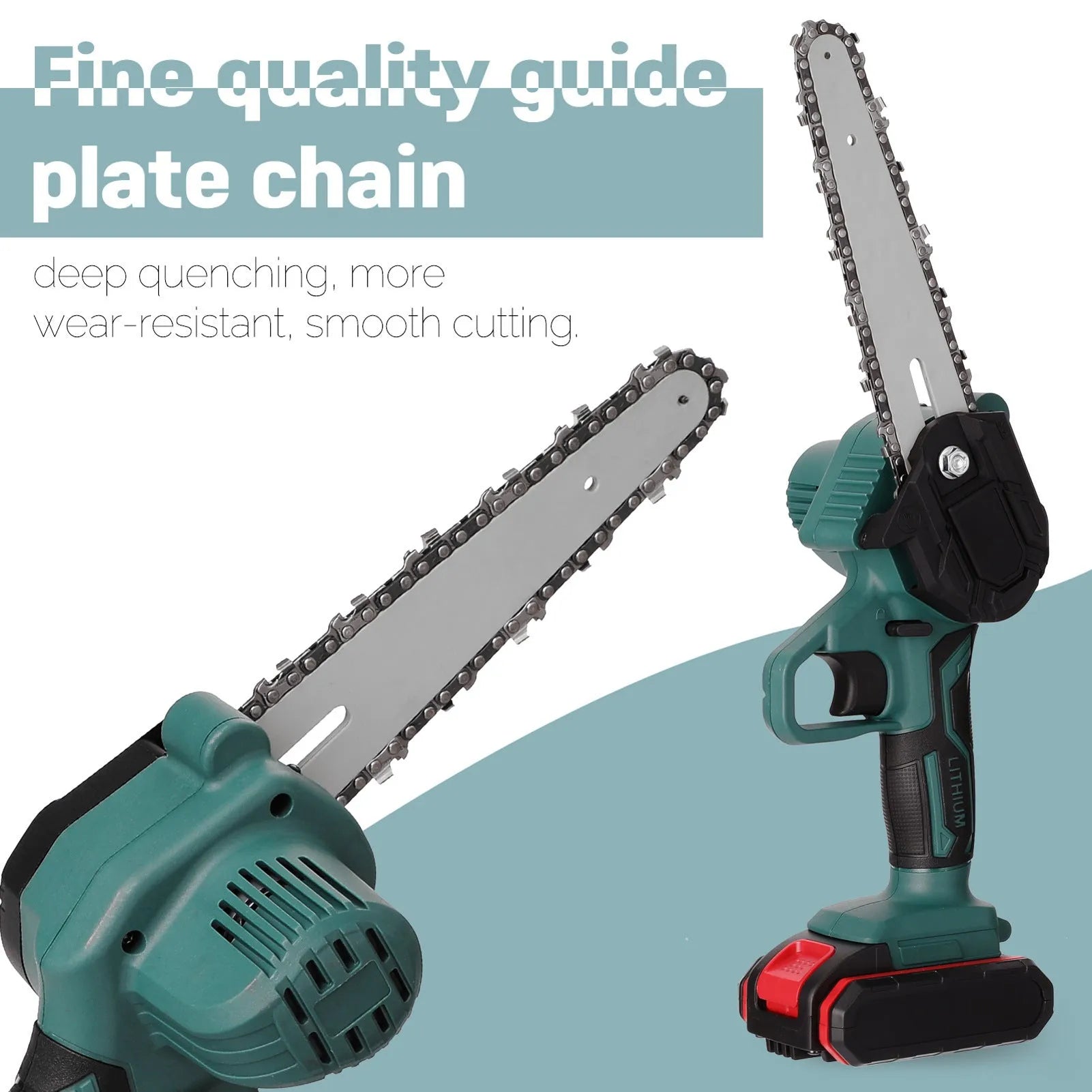 Black and green mini electric chainsaw with 4-inch bar held in one hand.