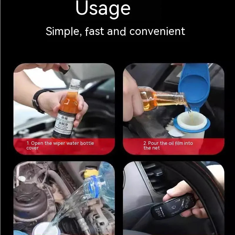 150ml spray bottle of car glass oil film remover cleaner in yellow and blue packaging options.