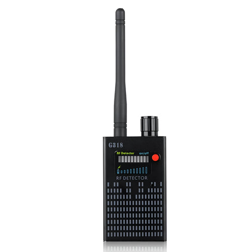 Black G318 anti-camera detector with aluminium alloy housing measuring 102 x 52.5 x 21.5 mm
