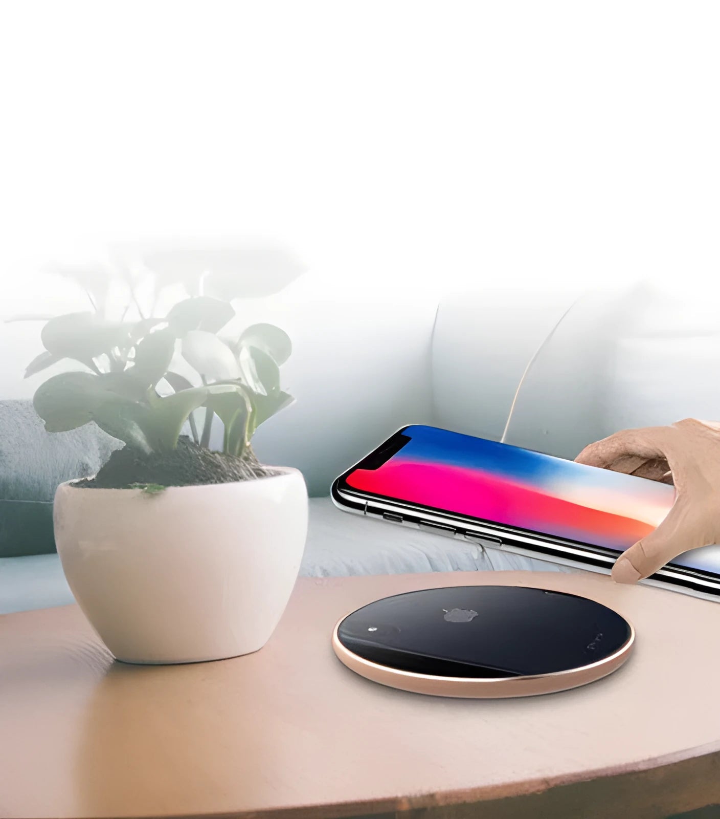 Ultra-thin aluminium wireless charger in metallic finish showing micro USB port