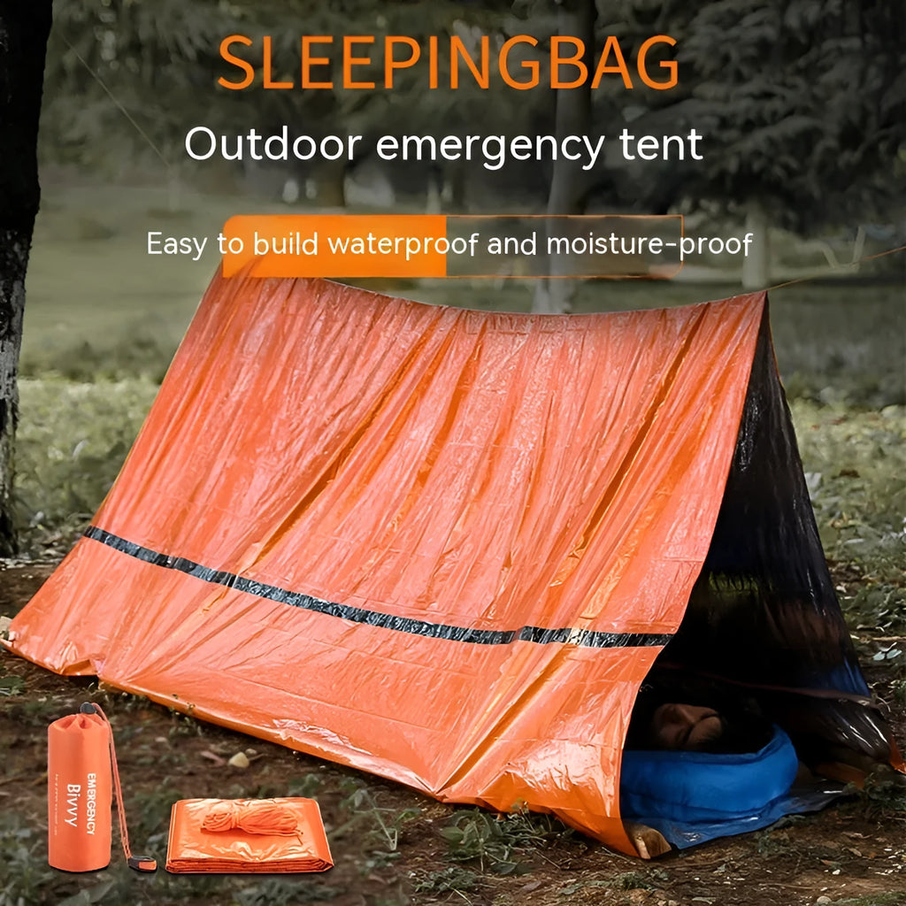 Orange emergency tent with sleeping bag and raincoat for disaster relief camping