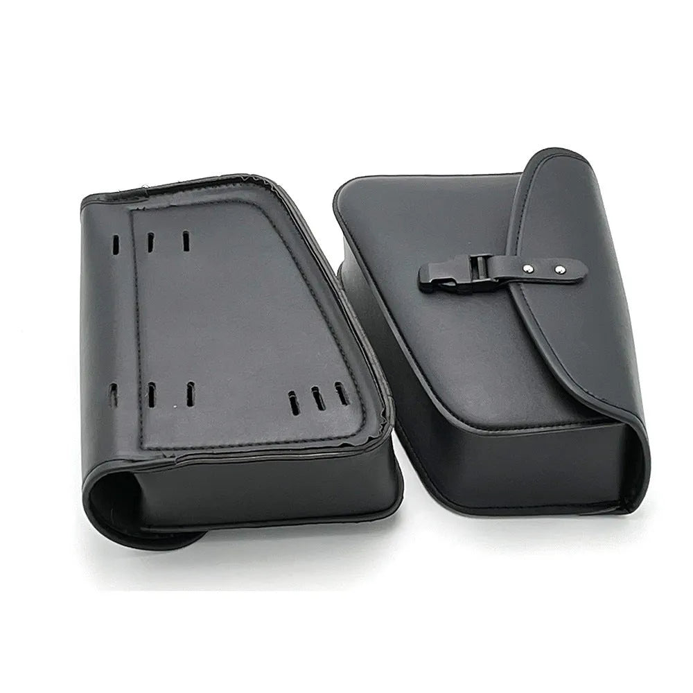 Black PU leather motorcycle swingarm bag mounted on Harley Sportster for tool storage