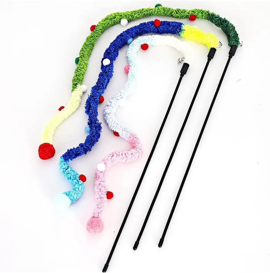 Blue interactive cat wand toy with a long plush strip and a fluffy ball with bells.