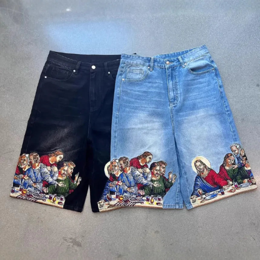 Men's blue cotton shorts with Jesus print on back pocket showing tapered leg design