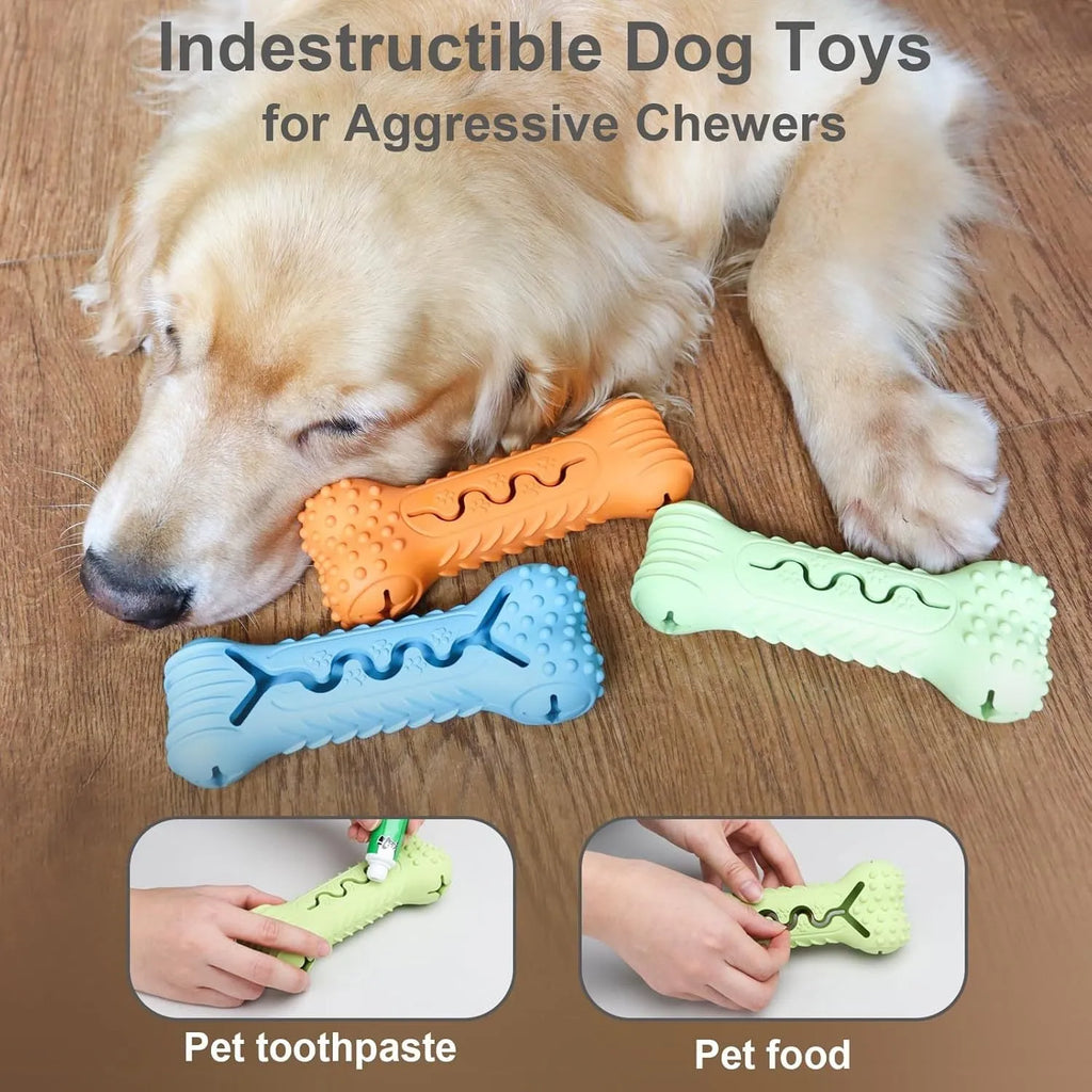 Blue natural rubber bone-shaped dog chew toy with textured surface and puzzle holes.
