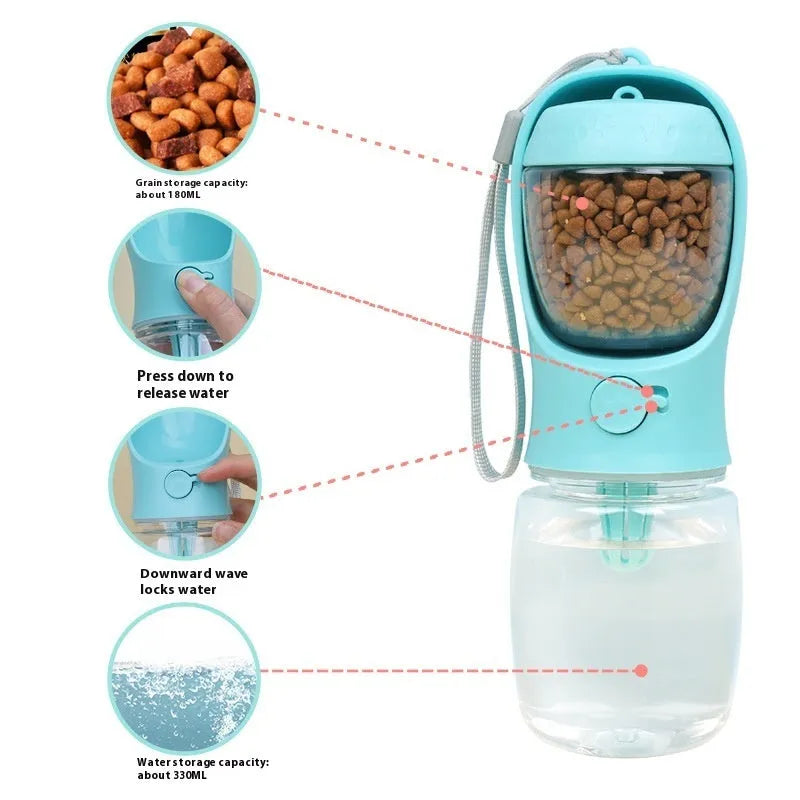 Blue portable dog water bottle with dual drinking and grain compartments