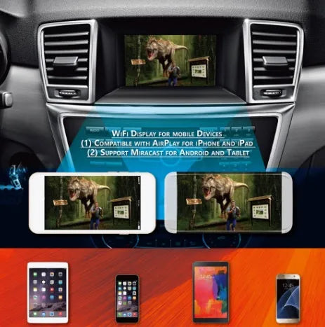 Black car Wi-Fi mirror link box converter unit with power cable, AV cable, antenna, and user manual