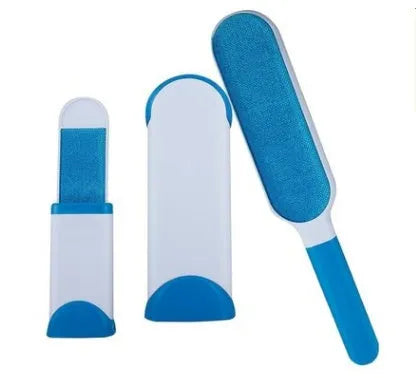 Blue reusable pet hair removal comb with double-sided lint brush and self-cleaning base