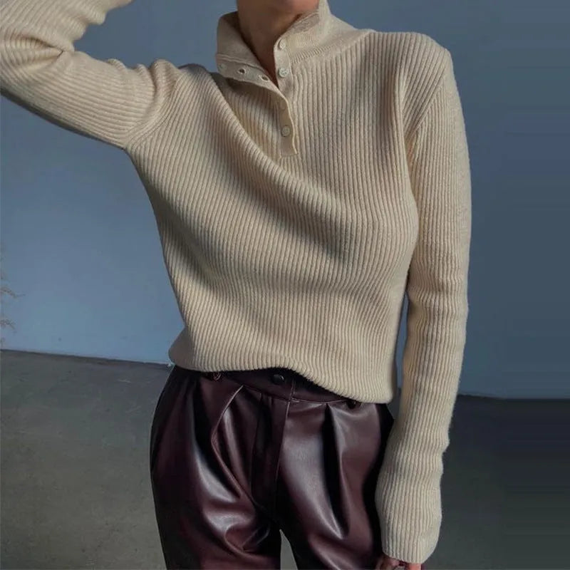 Half turtleneck pullover sweater with single-breasted placket in silver grey or rice apricot colour