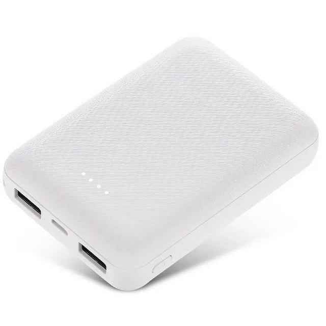 Black and white ultra-thin 10000mAh power bank showing multiple USB ports and compact 90x63x22mm dimensions