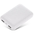 Black and white ultra-thin 10000mAh power bank showing multiple USB ports and compact 90x63x22mm dimensions
