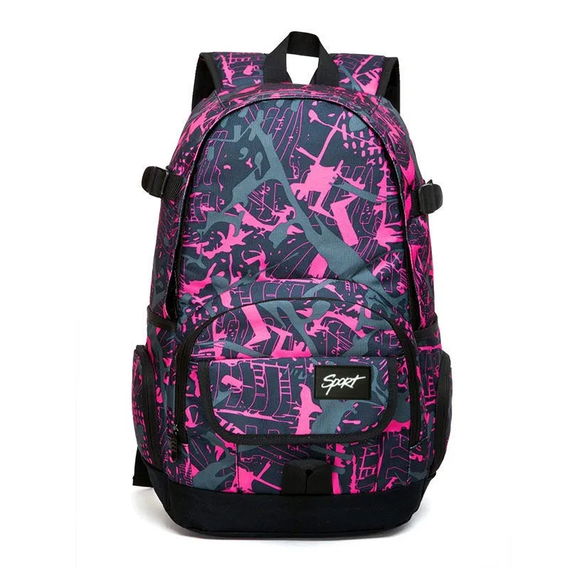 Classic blue nylon backpack with large main compartment and adjustable straps.