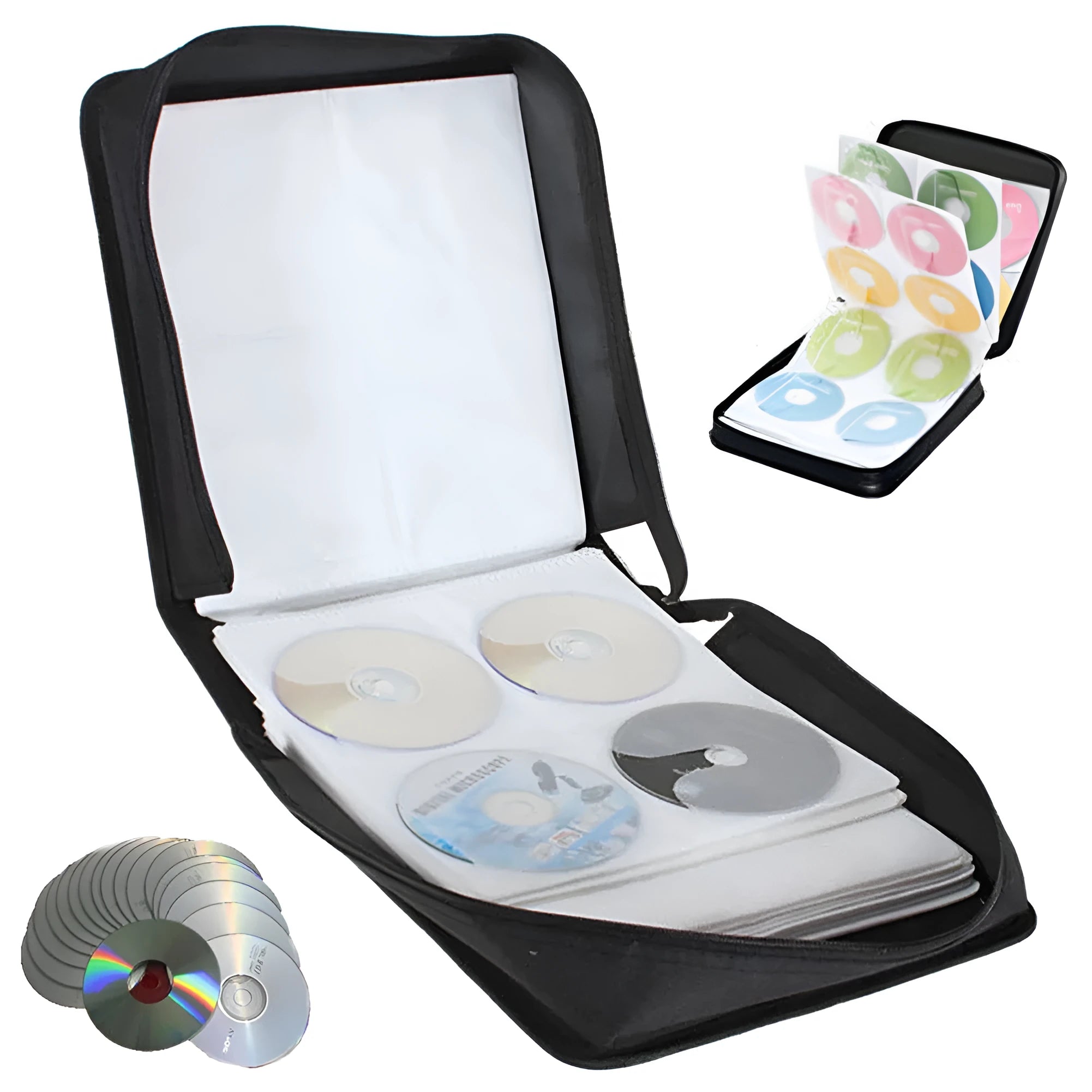 Black Oxford fabric CD storage organiser bag with zipper closure and top carry strap.