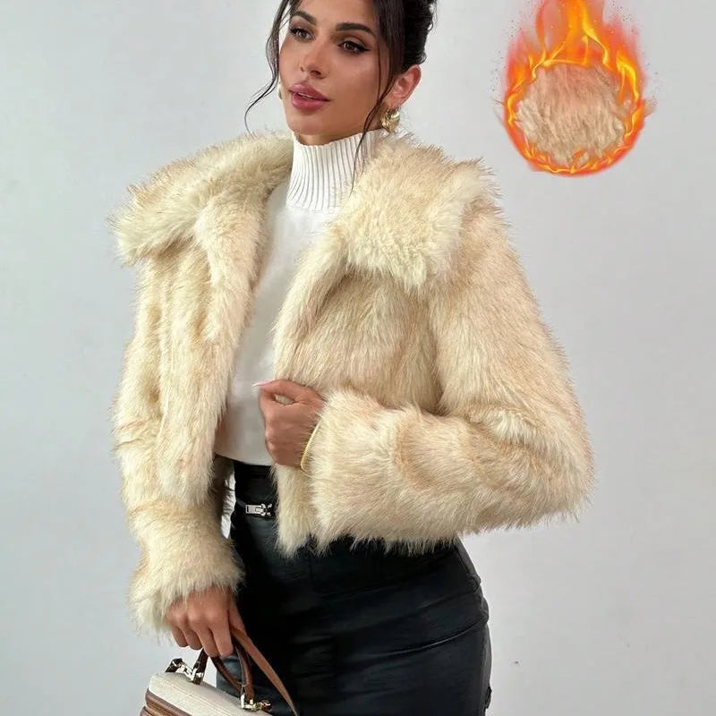 Women's short length artificial fur coat with a fur collar in a black tip on black background colour.